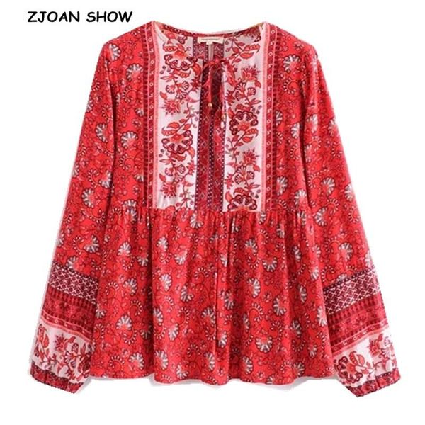 

autumn bohemian red floral print pullover shirt ethnic women bell bow lace up o neck long sleeve blouse women's blouses & shirts, White