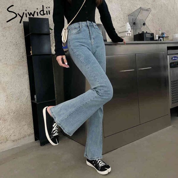 

syiwidii high waisted stretch flare jeans women denim pants back slit casual korean spring blue skinny bell bottom trousers 210417