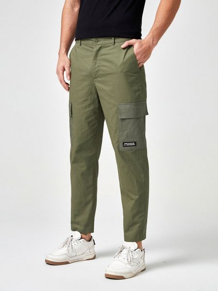 

men slogan graphic pocket side pants o072#, Black