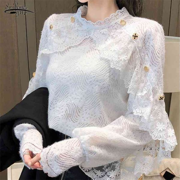 

spring crochet lace blouse women casual chic floral ladies white shirt office apricot long sleeve blusas 13025 210421