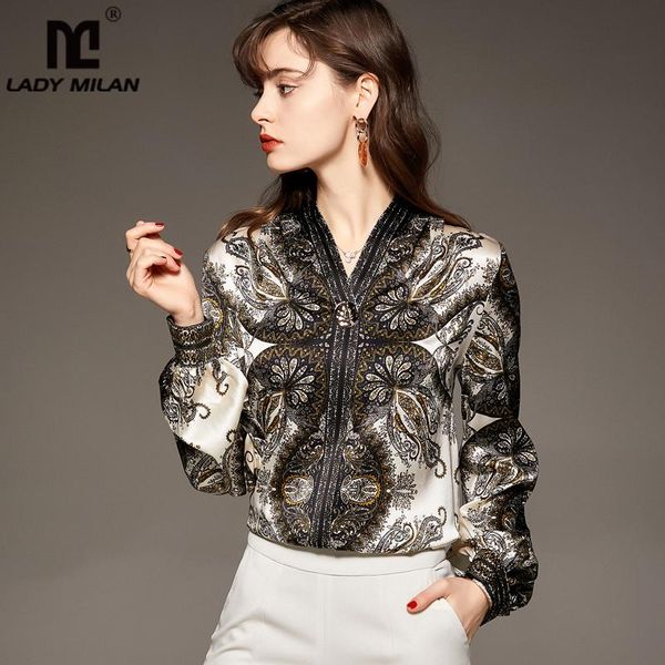 

women's blouses & shirts 100% silk shirt v neck long lantern sleeves printed fashion pullover blouse camisas, White