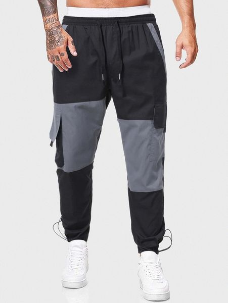 

men flap pocket color block drawstring waist pants f87o#, Black