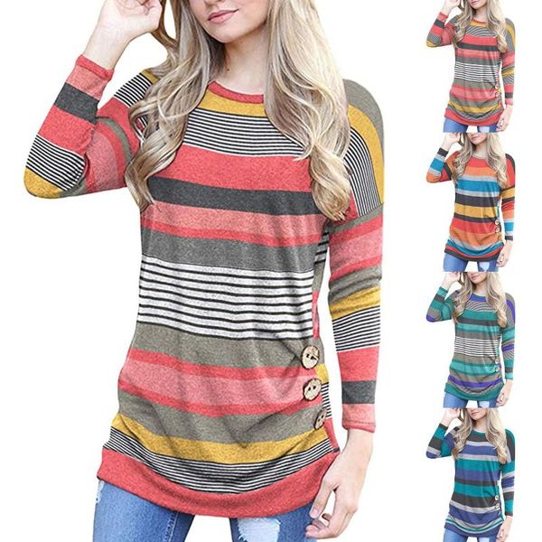 

fashion striped tunic blouse shirt buttons o-neck casual autumn winter ladies female women long sleeve blusas pullover women's blo, White