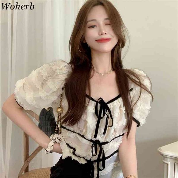 

sweet blouses women solid square collar puff sleeve spring summer elegant blusas mujer vintage korean shirts 210519, White