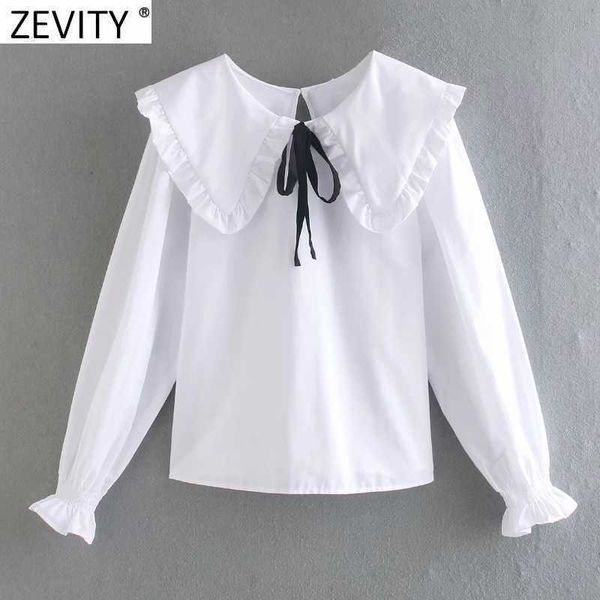 

zevity spring women sweet peter pan collar agaric lace edge white blouse office lady bow shirt chic chemise ls7508 210603