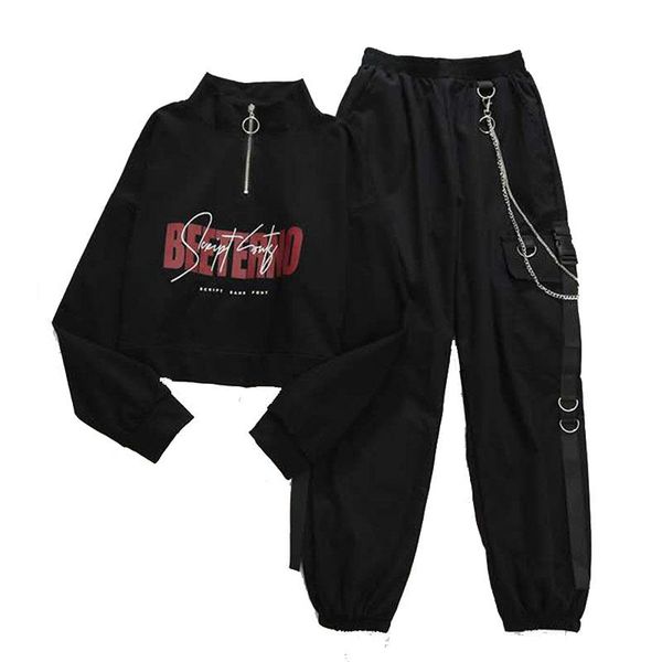 

women's pants & capris nice autumn winter 2 piece set cargo buckle ribbon elastic waist high streetwear harajuku pant chain females, Black;white