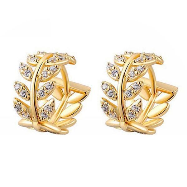 

clip-on & screw back women fashion cubic zirconia inlaid leaf dangle huggie earrings piercing jewelry, Silver