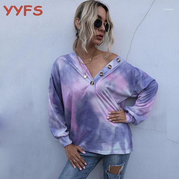 

women's hoodies & sweatshirts tie dye sweatshirt women 2021 autumn long sleeve button pullover female casual loose v-neck sudadera, Black