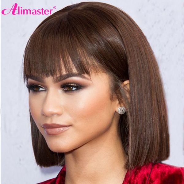 

bob wig with bangs brown highlight wig human hair short human hair wigs straight brazilian hair wigs full machine made, Black