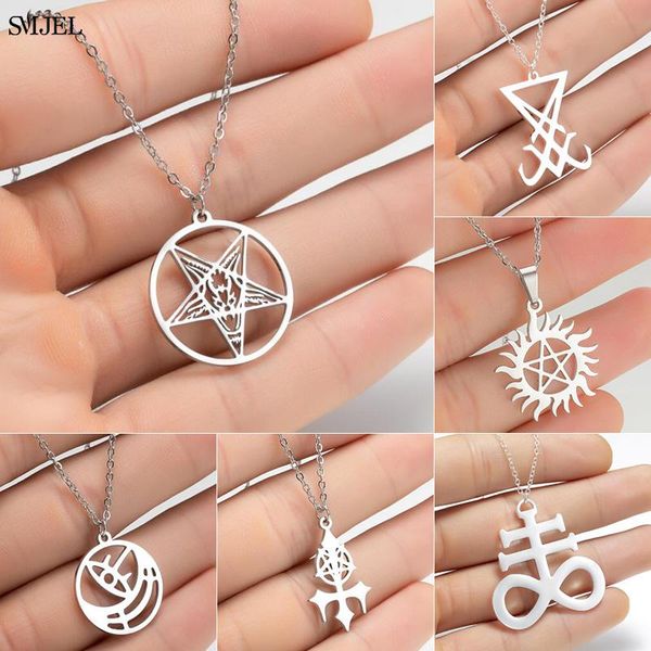 

pendant necklaces punk large talisman baphomet pentacle pentagram necklace lucifer satan supernatural amulet jewelry women men, Silver