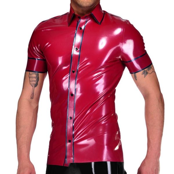 

men's jackets metallic red and black buttons at front latex shirt jacket with short sleeves rubber coat blouse yf-0211, Black;brown