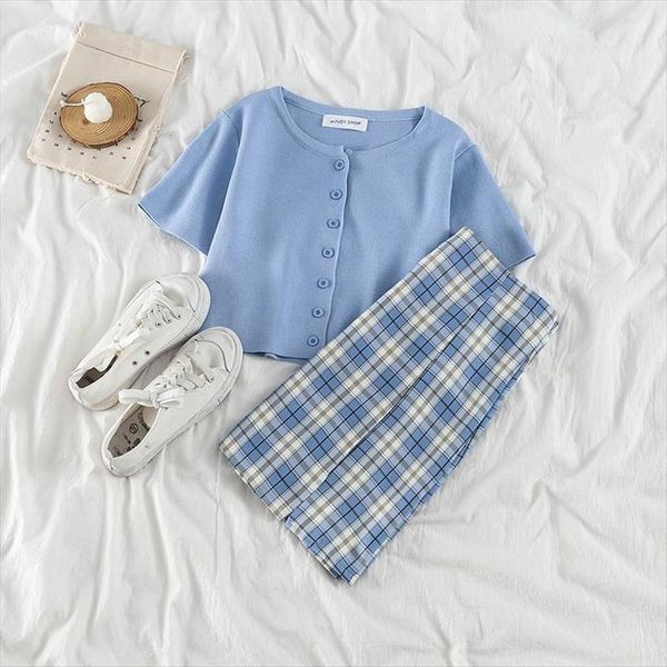 

girls plaid skirt two womens pants piece] summer high waist slim short button navel a line, White