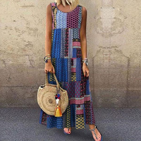 

casual dresses women loose long dress bohemian sleeveless o-neck printed retro vestido robe vestidos sukienki elbi, Black;gray