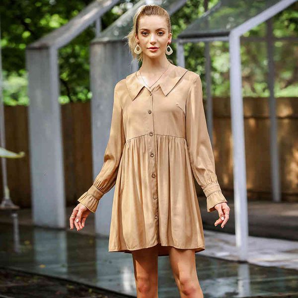 

womens solid color doll collar button long sleeve autumn ruched high waist khaki dress wl232, Black;gray