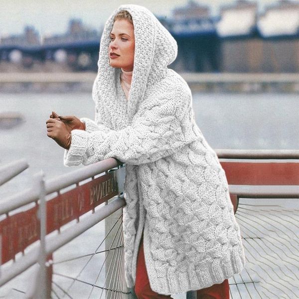 

women's knits & tees women long sweater cardigans winter solid elegant knitted outwear hooded cardigan sweaters lazy korean style cloth, White