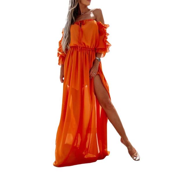 

casual dresses summer women solid color long dress 3/4 sleeve off-shoulder side split elastic waist with ruffles orange/blue, Black;gray