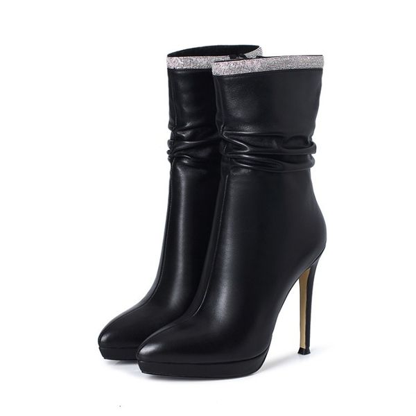 

boots olomm female leather ankle boots sparkly crystal high heels nice pointed black toe white girl party shoes size eua 3-9.5 bbu1