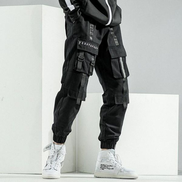 

men's pants houzhou techwear black cargo men joggers trousers male autumn cotton korean streetwear hip hop ribbons gothic