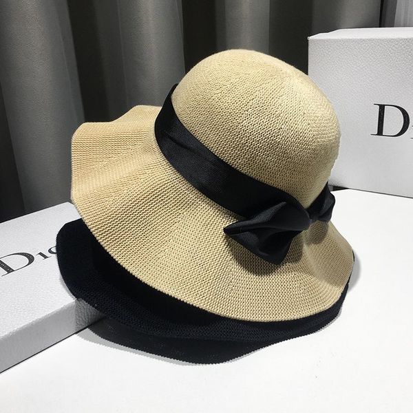 

wide brim hats small bow tie straw hat 2021 summer fashion korean version of the wild tide sunscreen beach, Blue;gray
