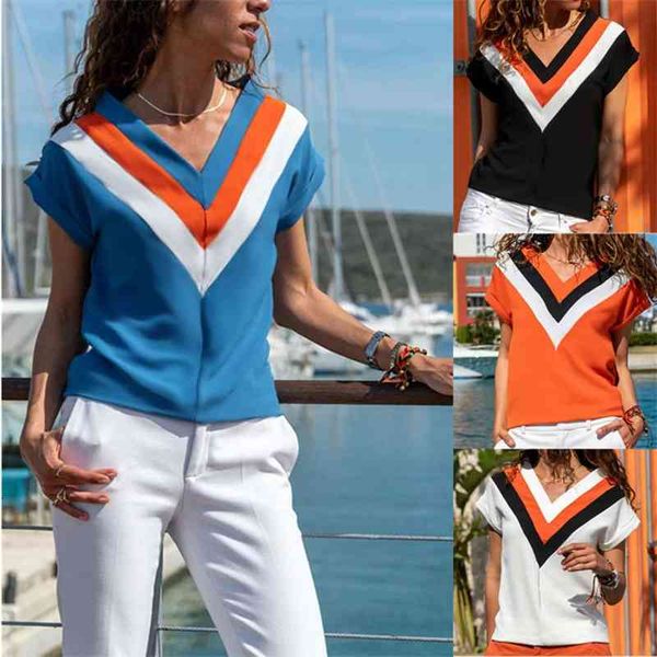 

t-shirt women's patchwork v-neck short sleeve loose blouse dsz1, White