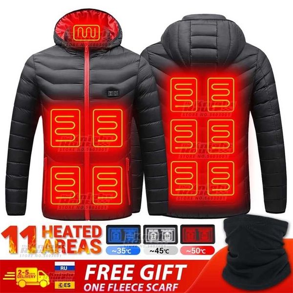 11 Aree Giacca invernale da uomo Giacche riscaldate elettriche Abbigliamento da caccia Giacca da sci Parka Capispalla Gilet riscaldato USB Caldo 8 aree 211216