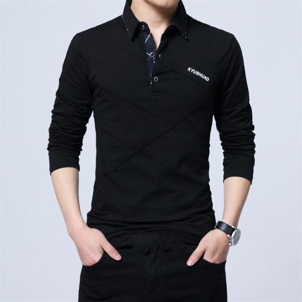 

men's polos spring and autumn long t-shirt solid color lapel shirt business casual cotton breathable top, White;black