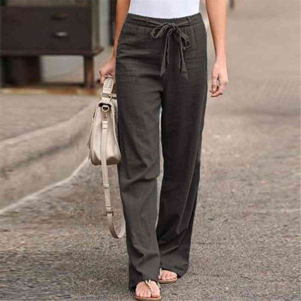 

elastic waist solid cotton linen pants lady straight pants wide casual loose drawstring lady full length 5xl, Black;white