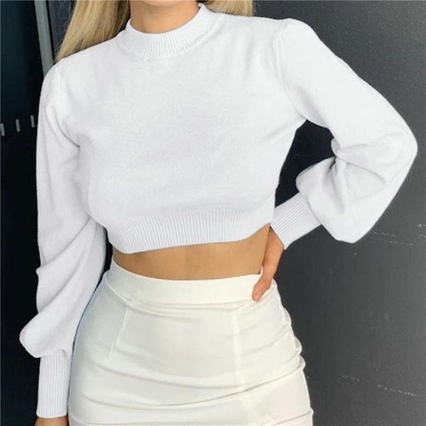 

women's t-shirt high waist women shirts lantern sleeve cropped autumn winter casual pullover street style knitted tshirts, White