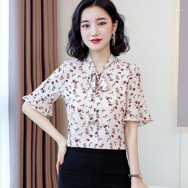

women's blouses & shirts spring summer style chiffon bowknot shirt ladies casual short flare sleeve bowtie collar blusas, White