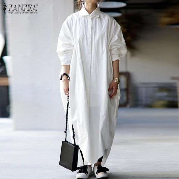 

casual dresses women spring sundress zanzea 2021 fashion asymmetrical shirt dress long sleeve maxi vestido female lapel button robe plus siz, Black;gray