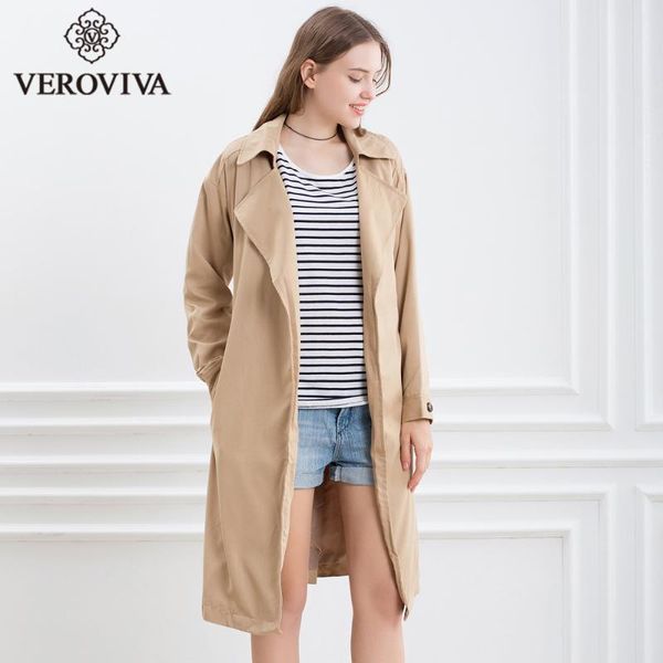 

women's trench coats veroviva autumn open stitch coat women turn down collar solid long slim casual sashes fashion female, Tan;black