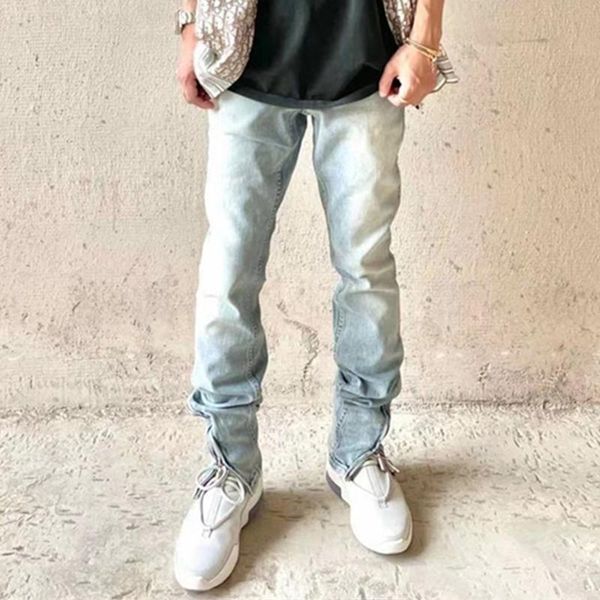 

men's jeans zip ankle slim stretch denim blue vintage washed jogger men streetwear