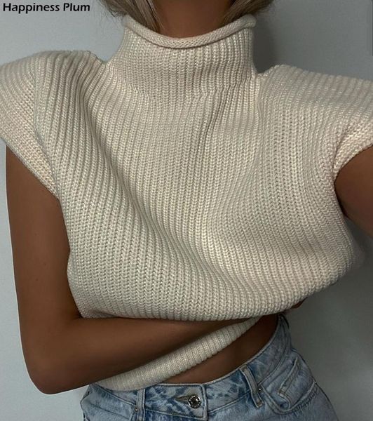 

women's vests turtleneck sleeveless vest sweater women 2021 with shoulder pads knitted pullover autumn winter jumper casual fashion, Black;white