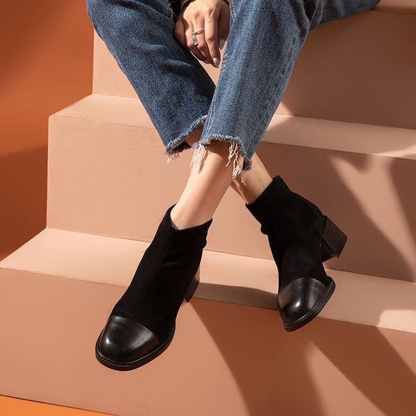 

boots boots women stretch fabric calf square toe autumn winter slip on ankle length ladies sock shoes 03844, Black