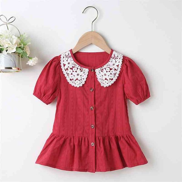 

summer girls dress short sleeve lace single breasted red solid bodycon cute vestidos 18m-6t 210629, Red;yellow