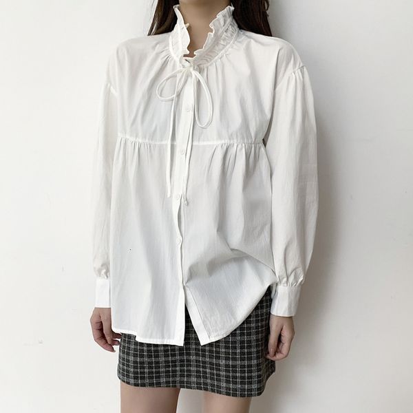 

women's tanks & camis spring 2021 new elegant lace up bow stand collar woman shirts sweet ruffles loose long sleeve girls blouses, White