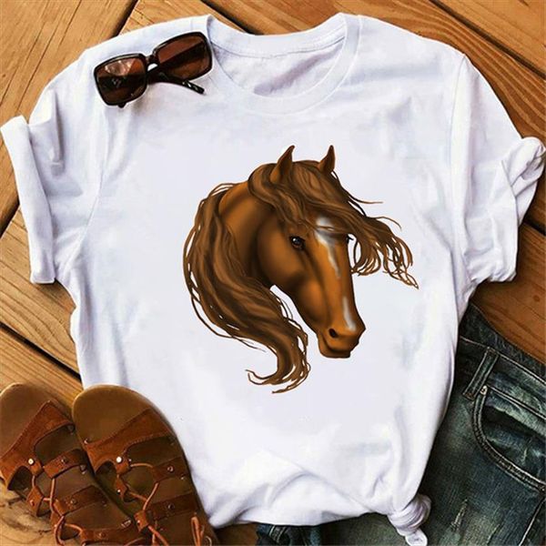 

cartoon grey horse print summer womens casual short sleeves tees harajuku graphic shirts funny o neck, White