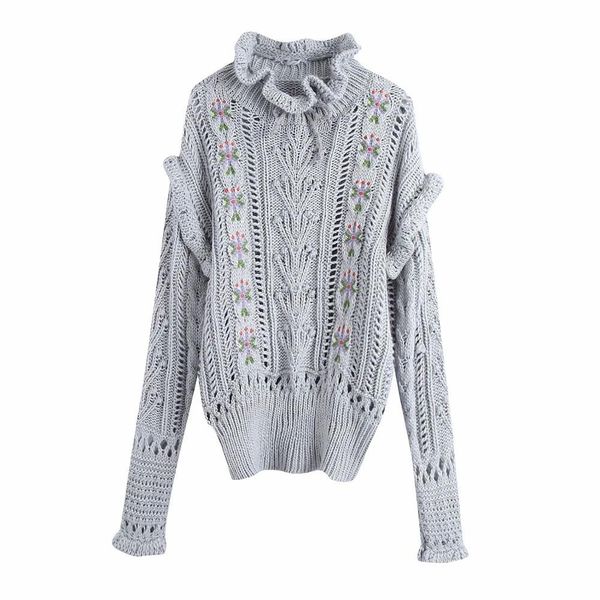 

fall winter women knit sweater ruffled high neck embroidery warm chic sweaters casual fashion pullover 210420, White;black
