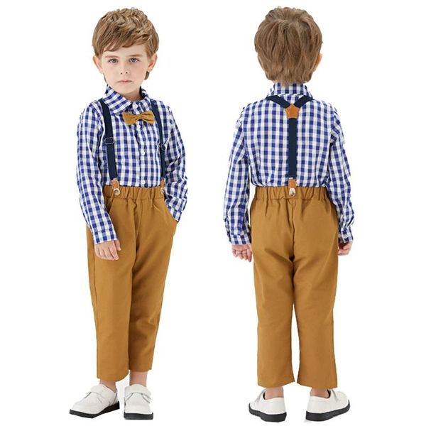 

clothing sets toddler boys springs autumn long sleeve plaid bowtie +suspender pants kids outfit formal child clothes, White