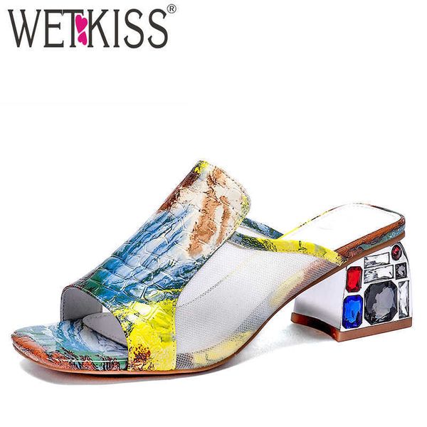 

wetkiss mesh slippers woman fashion crystal heels high women slides shoes female print colorfur mules shoes women summer 210630, Black