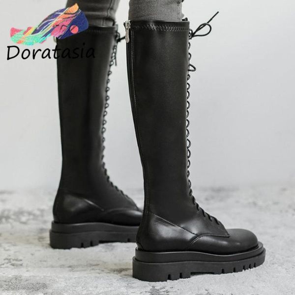 

boots doratasia arrivals female motorcycle comfy rubber sole square heel round toe lace-up solid low knee-high, Black