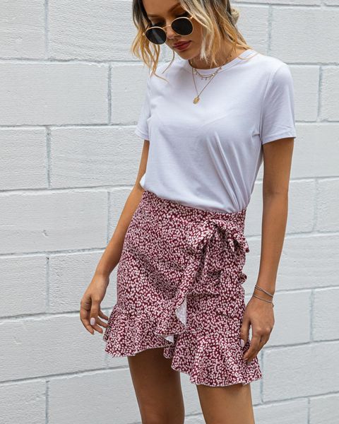 

summer leopard print mini skirts women ruffles high waist bow tie skirts female streetwear a-line beach bottoms clothing 210521, Black