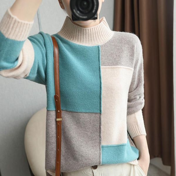 

women's sweaters 2021 autumn and winter half high neck cashmere sweater color block pullover korean loose 100% wool knit, White;black