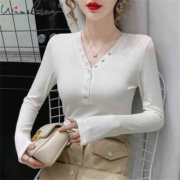 

basic t-shirt women cotton solid v-neck buttons slim stretchy long sleeve white shirt tees spring autumn t0n804a 210421