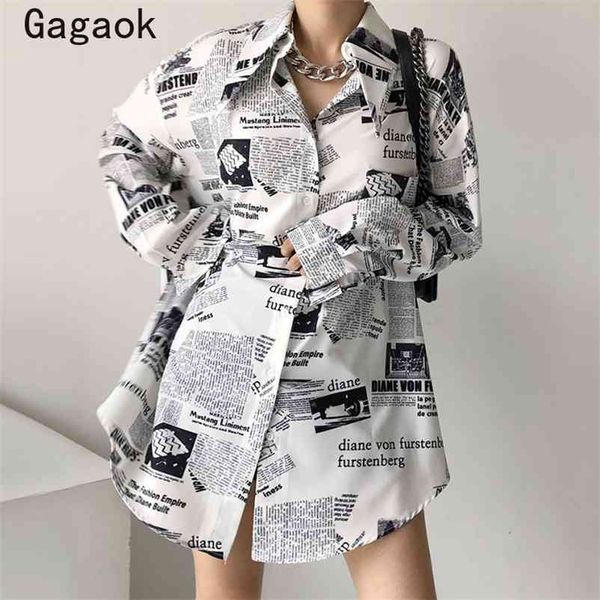 

women blouses spring autumn streetwear long print lapel loose shirts harajuku casual wild korean fashion blouse 210531, White