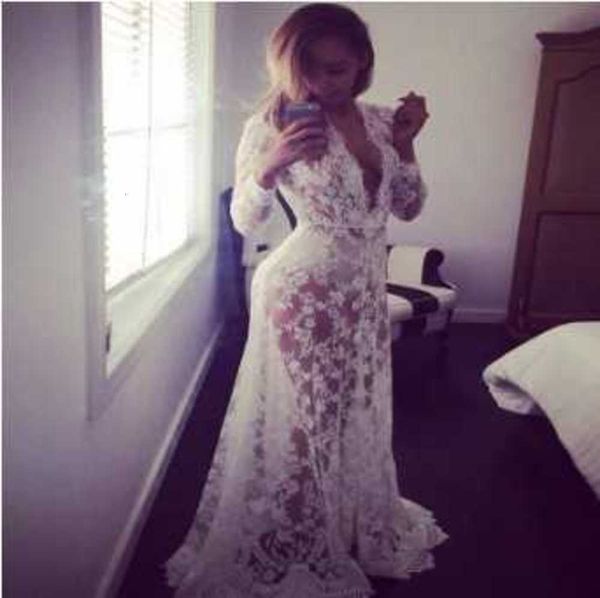 

women's white deep v-neck long sleeve dress perspective lace wedding tailed skirt, White;black