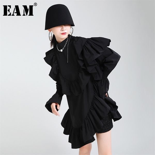 

[eam] women black ruffles split joint mimi dress new stand collar long sleeve loose fit fashion tide spring autumn 1z199 210409, Black;gray