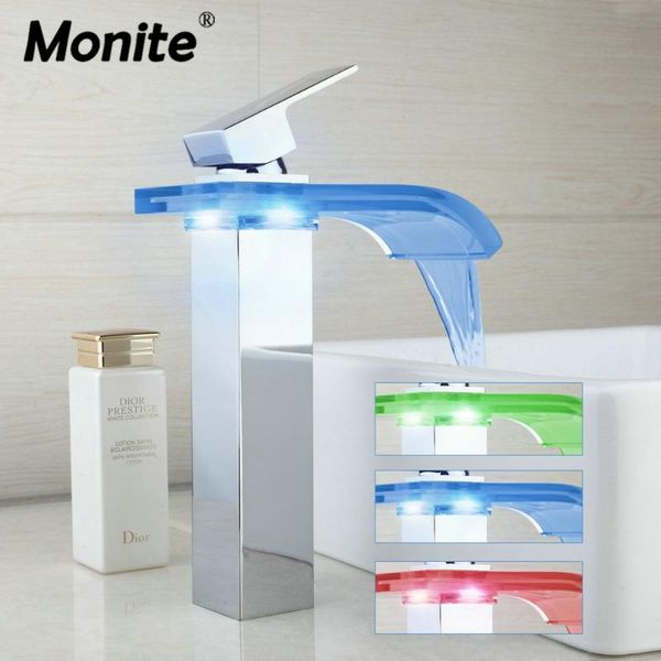 

bathroom sink faucets monite led basin faucet brass chromed waterfall taps water power tap mixer 3 colors change