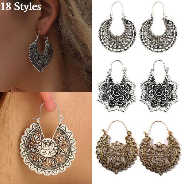 

hoop & huggie 18 styles hollow pattern retro ethnic style personality mandala flower earrings for women, Golden;silver