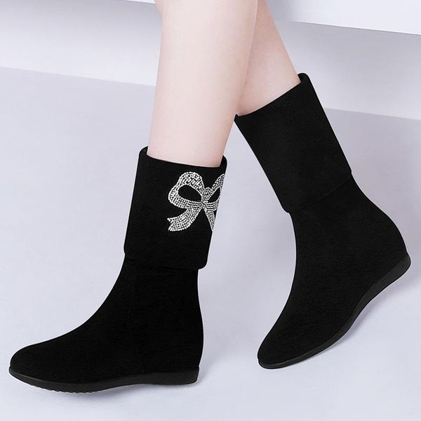 

plush cotton boots mid rise autumn and winter elastic long women's shoes high, Black